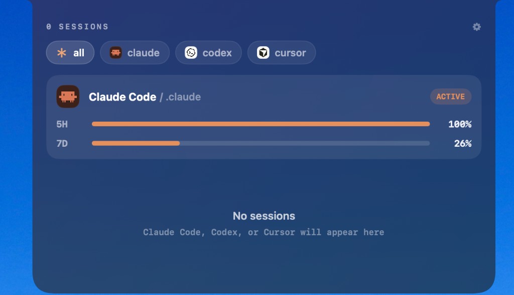 agentNotch expanded panel with agent sessions and usage bars