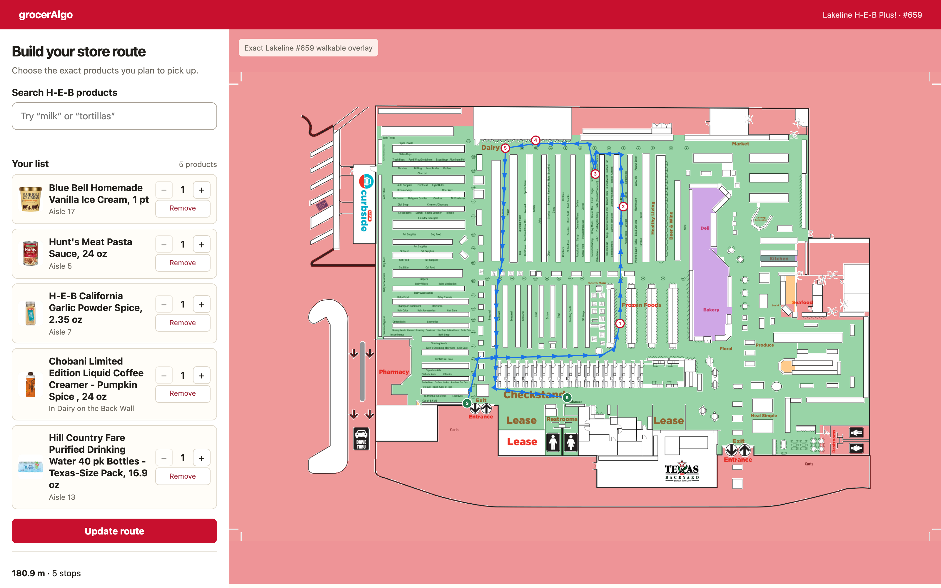 grocerAlgo interface showing a numbered route through an H-E-B floor plan