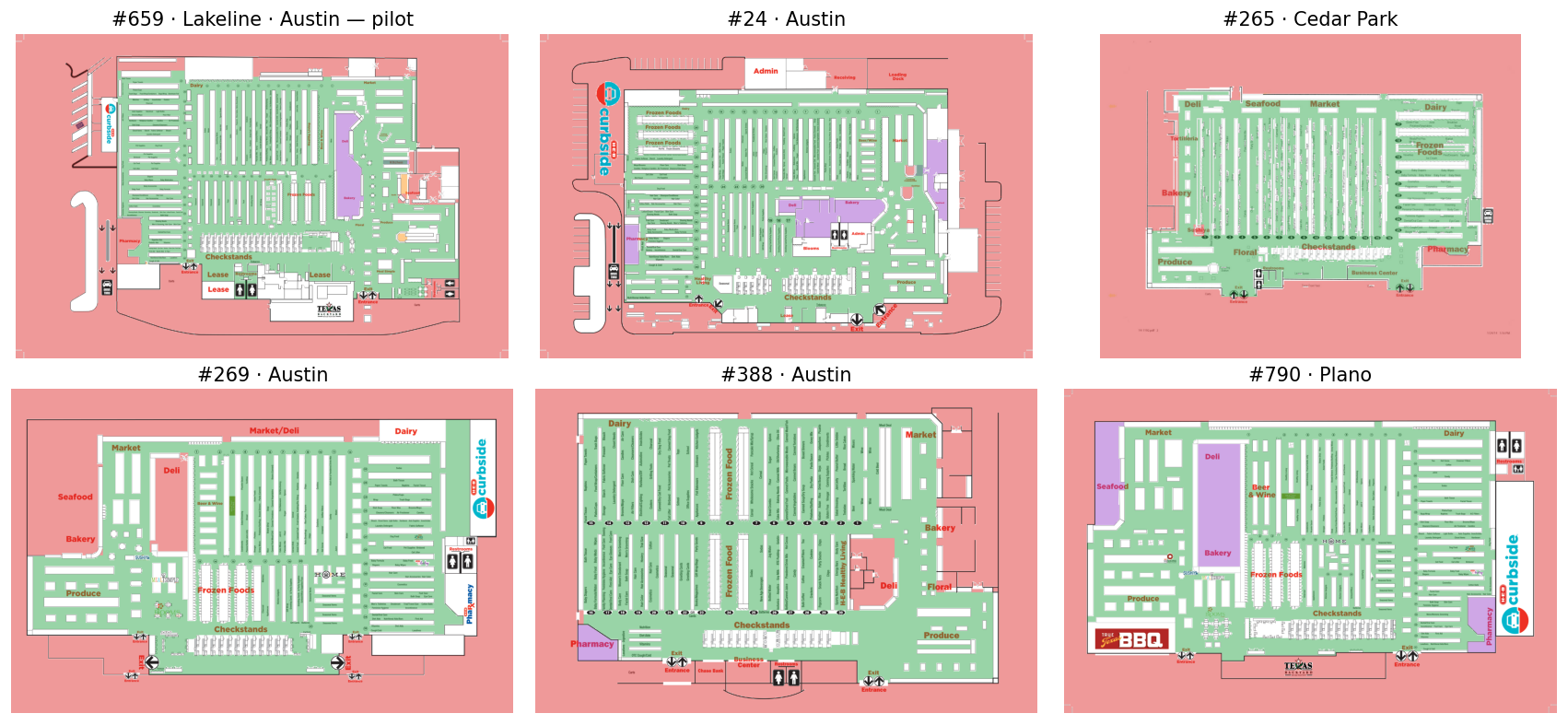 Six different store maps processed by the same grocerAlgo pipeline